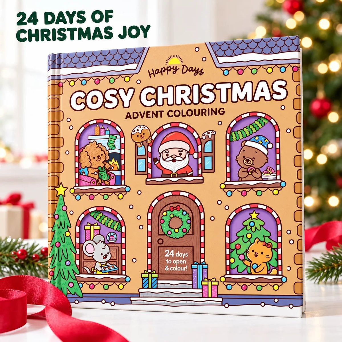 HOT SALE🎄✨Happy Days‑Cosy Christmas Advent Colouring Book | Hardback Edition | 24 Sealed Daily Surprise Sections | All‑Ages Screen‑Free Festive Activity