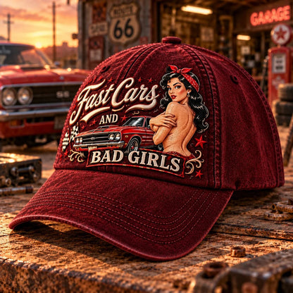 🏁 Fast Cars and Bad Girls Baseball Cap — Retro Muscle Car Style with a Bold Pin-Up Attitude