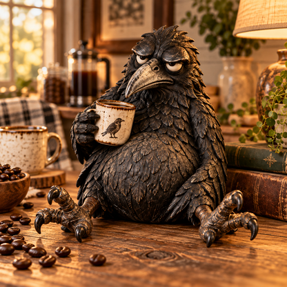 The Grumpy Coffee Raven – Rustic Vintage Coffee Lover Figurine