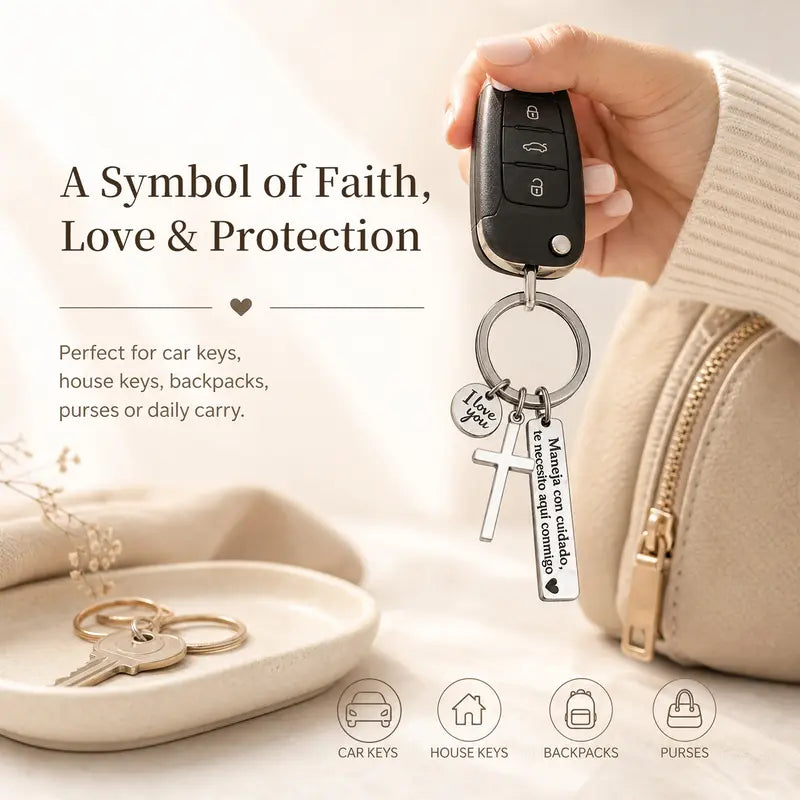 Maneja Con Cuidado Te Necesito Aquí Conmigo Keychain with Cross & 'I Love You' Charm