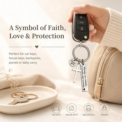 Maneja Con Cuidado Te Necesito Aquí Conmigo Keychain with Cross & 'I Love You' Charm