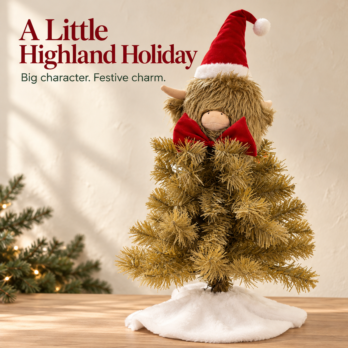 🎄🐮✨ Highland Cow Christmas Tree Decoration 🎅❤️🌟 Cozy Rustic Holiday Tabletop Decor with Santa Hat & Red Bow 🎁❄️🏡