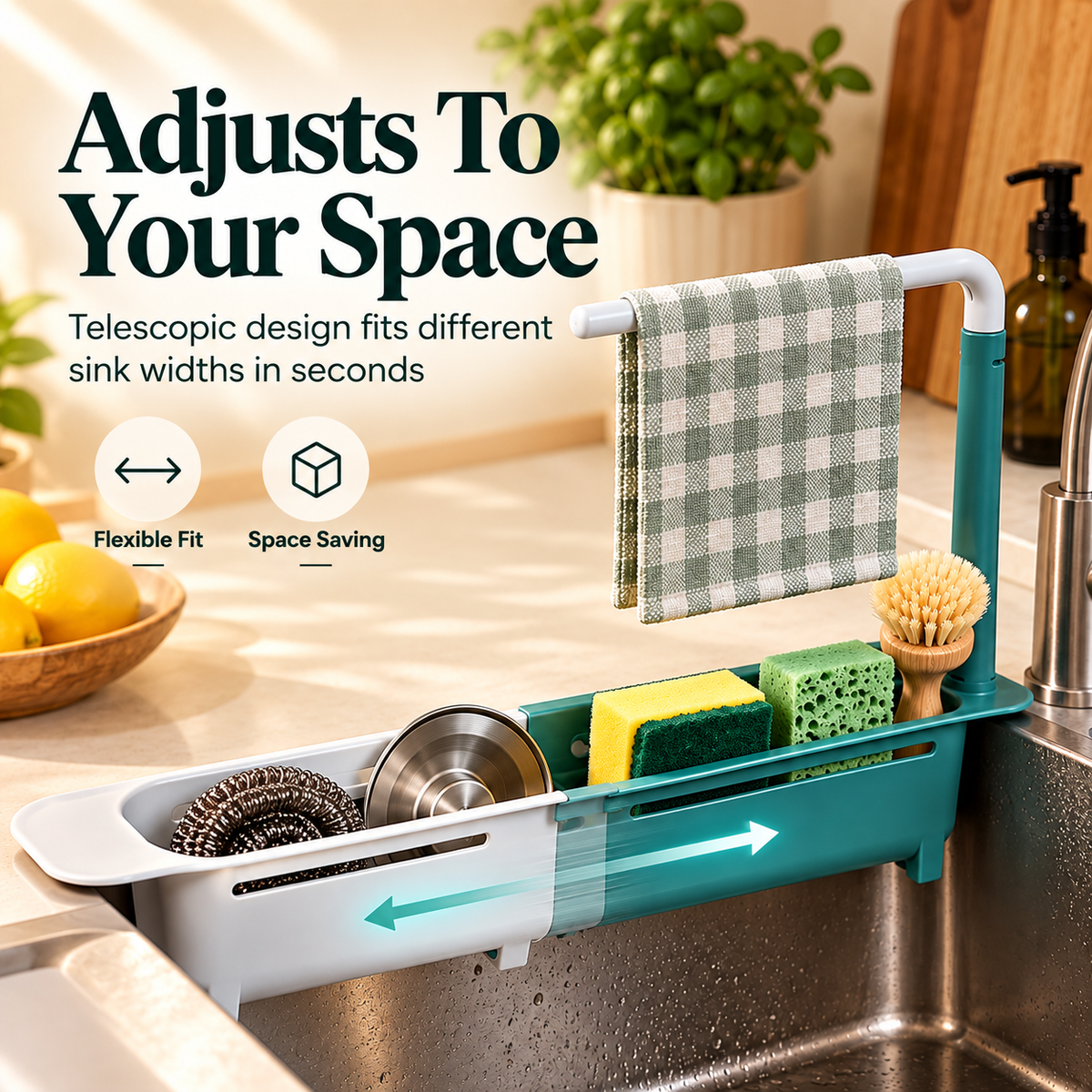🧽✨ Expandable Over-the-Sink Organizer Rack 🫧🚰 | Adjustable Sponge Holder, Dish Brush Storage & Towel Bar 🧼🧺💚 | Space-Saving Kitchen Sink Caddy for a Cleaner, Clutter-Free Countertop 🏡🌿👌