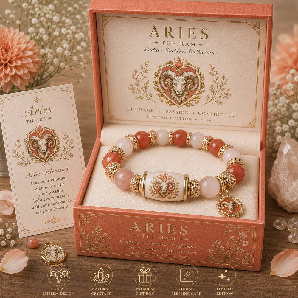 Aries zodiac bracelet in coral and white tones with gold accents and matching zodiac gift box