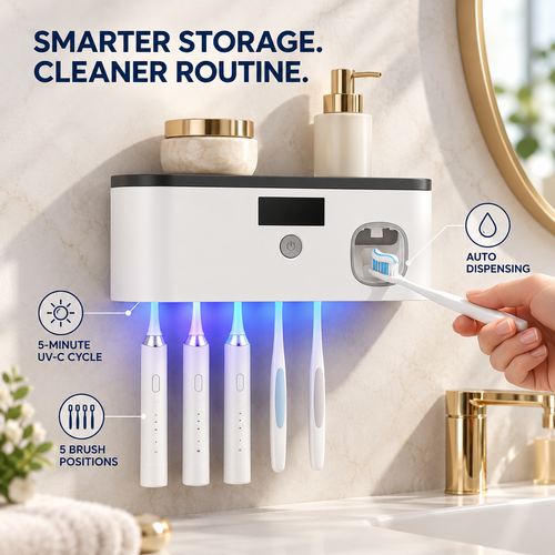 🪥 Light-Powered UV-C Toothbrush Sanitizer & Automatic Toothpaste Dispenser – 5-Brush No-Drill Wall Organizer