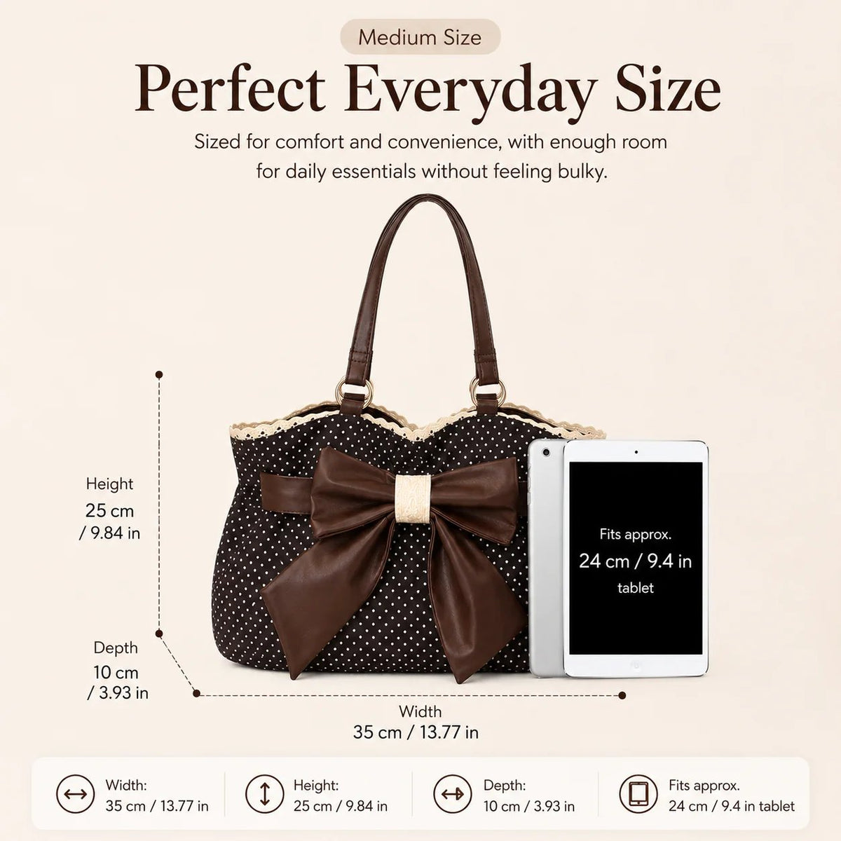 👜 Vintage Polka Dot Canvas Tote Bag for Women, Oversized Bow Shoulder Bag with Lace Trim