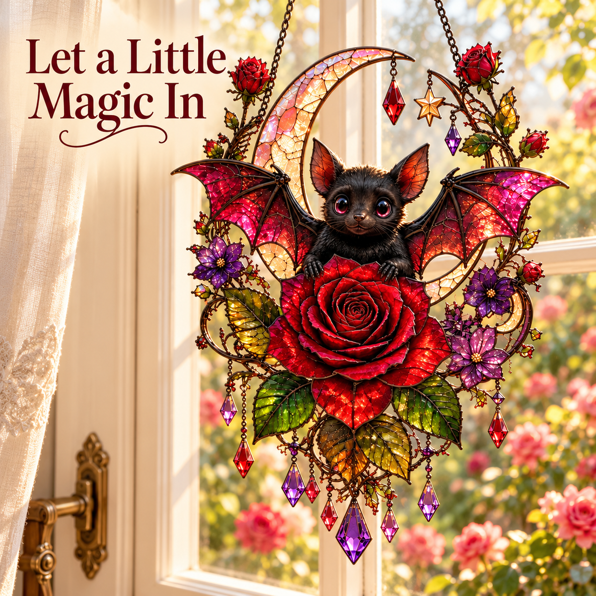 🦇🌹 Midnight Romance – Gothic Bat & Rose Crescent Moon Window Suncatcher ✨