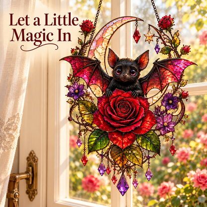 🦇🌹 Midnight Romance – Gothic Bat & Rose Crescent Moon Window Suncatcher ✨