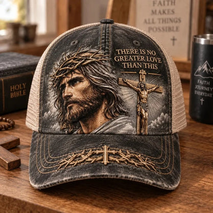 🔥LAST DAY 50% OFF - ✝️There Is No Greater Love Christian Jesus Hat | Vintage Crown of Thorns & Cross Faith Trucker Cap🧢