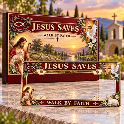 ✝️ Walk by Faith, Wherever You Go – Jesus Saves 3D Metal License Plate Frame