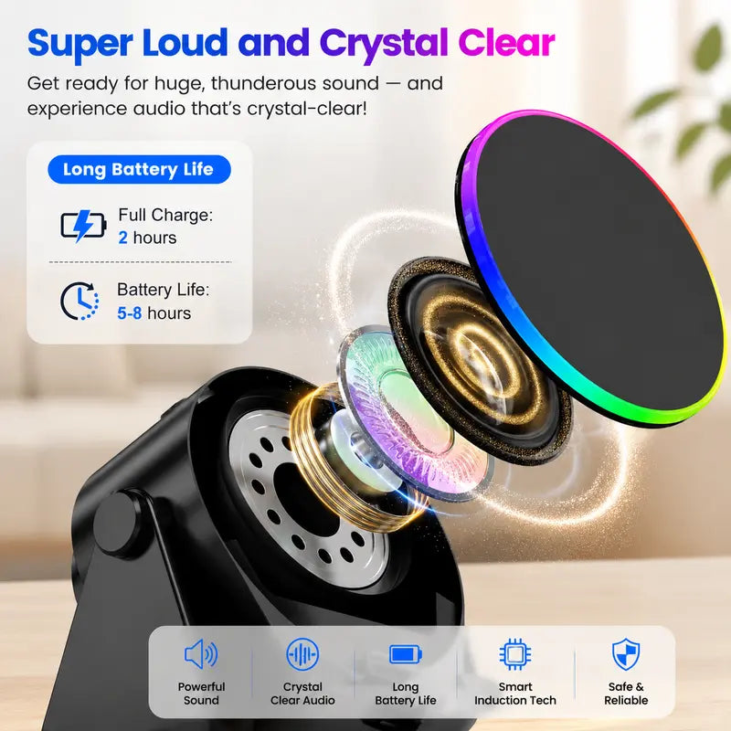 🔊 5-in-1 Wireless Induction Bluetooth Speaker Stand – 360° Rotating Phone Holder with LED Light