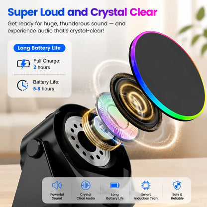 🔊 5-in-1 Wireless Induction Bluetooth Speaker Stand – 360° Rotating Phone Holder with LED Light