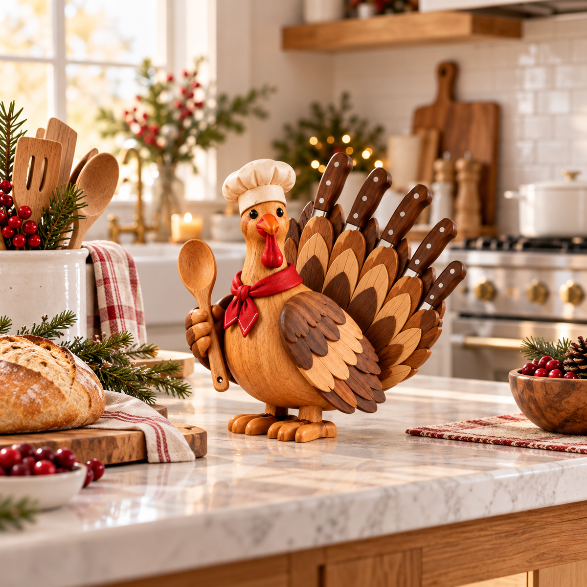 🦃 Wooden Turkey Knife Holder – Thanksgiving Kitchen Counter Decor
