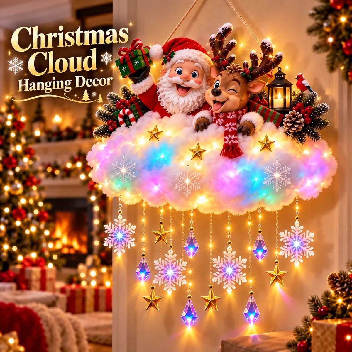 🎄 Light-Up Christmas Cloud Hanging Decor – Santa & Winter Village Holiday Display