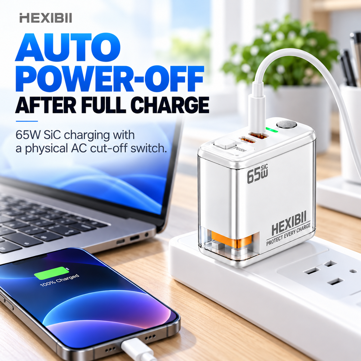 ⚡ 65W SiC Smart Auto Power-Off Charger – USB-C + USB-A Fast Charging with Physical Cut-Off