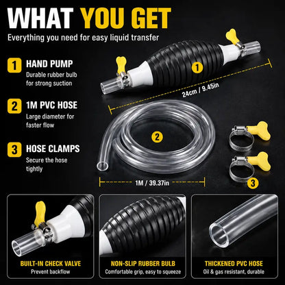🔥⛽Manual Siphon Pump Kit with 1M Hose, Rubber Pump Bulb & 2 Hose Clamps, Liquid Transfer Pump for Fuel Water Oil, Car Boat Motorcycle