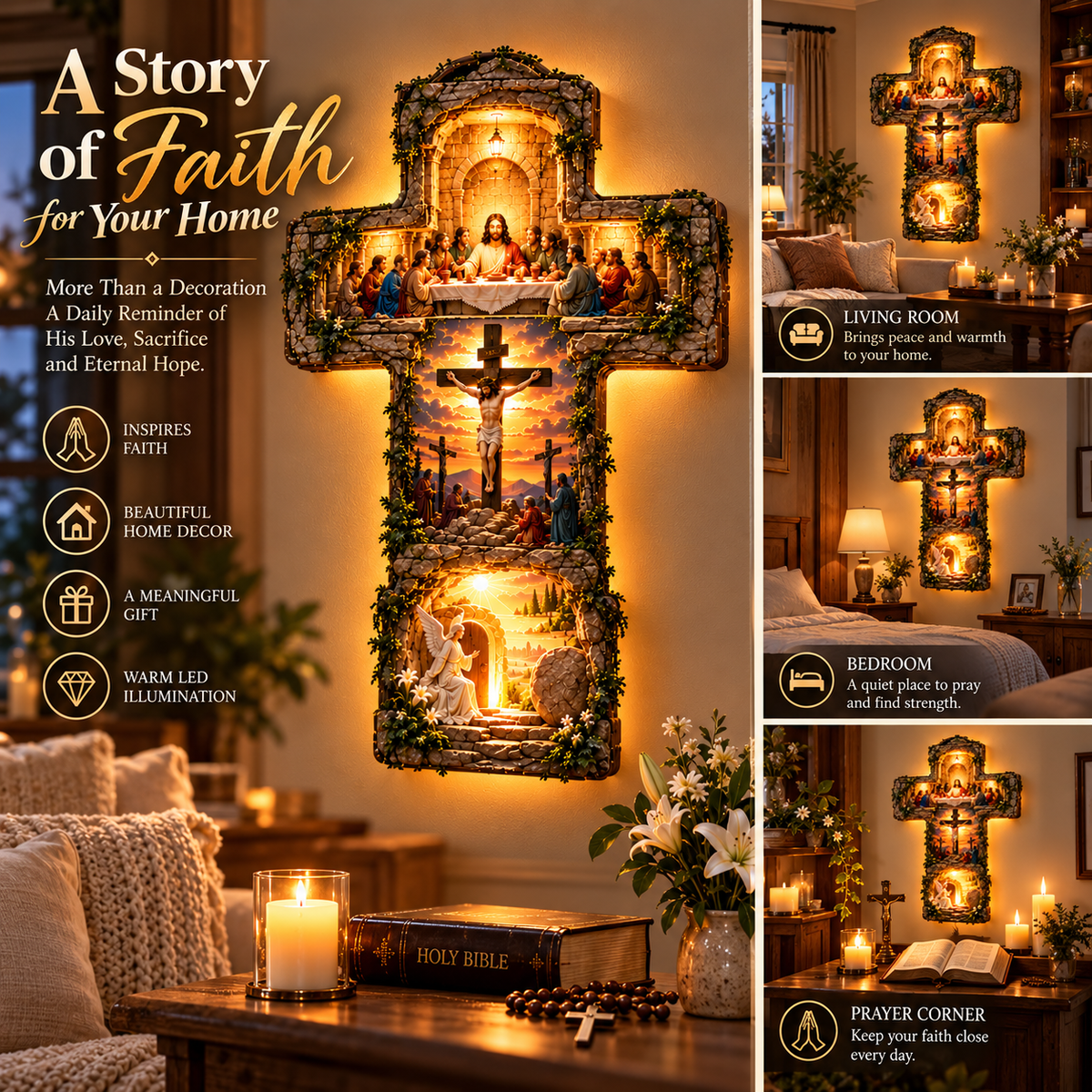 ✝️ He Is Risen – 3-Scene LED Wall Cross Lamp | Last Supper, Crucifixion & Resurrection