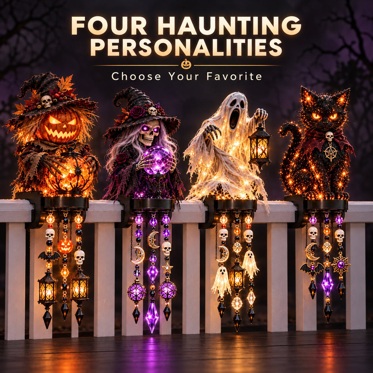 🔥HOT SALE🔥🎃 Halloween Character Glow Cascade Railing Lights – Pumpkin, Witch, Ghost & Black Cat