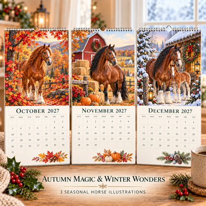 🐴 2027 Horse Seasons Calendar – 12 Seasonal Equestrian Illustrations, A3 Hanging Calendar Gift for Horse Lovers