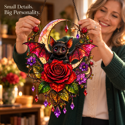 🦇🌹 Midnight Romance – Gothic Bat & Rose Crescent Moon Window Suncatcher ✨