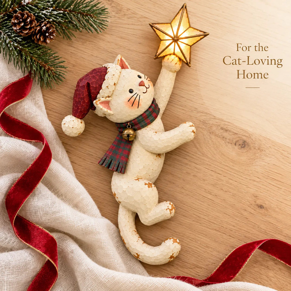 🐱 Light-Up Christmas Cat Tree Topper – Cute Climbing Kitty Holding a Glowing Star ⭐🎄