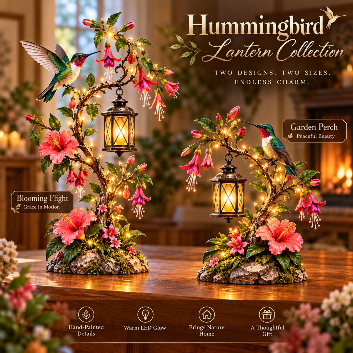🌺 Hummingbird Garden Lantern Light | Lighted Floral Table Decor