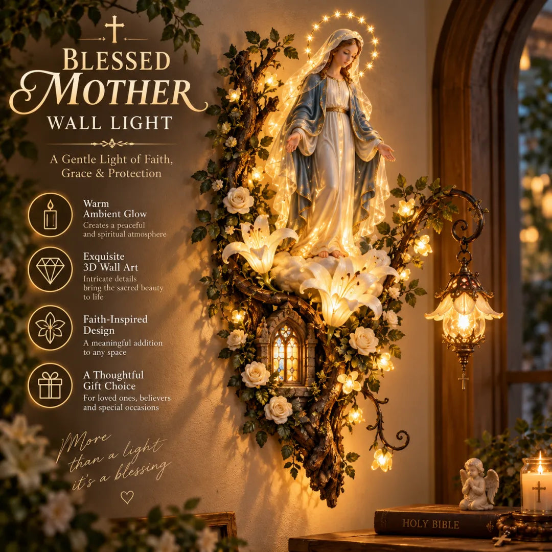 💖 Virgin Mary Divine Light – 3D Christian Wall Art with Warm Glow