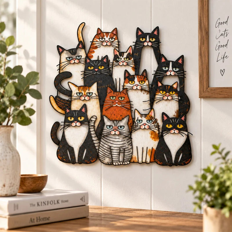 🐾 Whimsical Cat Family Metal Wall Art – Playful Feline Home Decor