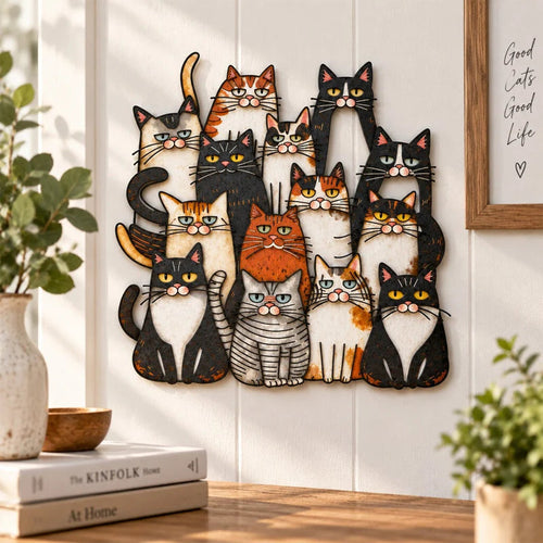 🐾 Whimsical Cat Family Metal Wall Art – Playful Feline Home Decor