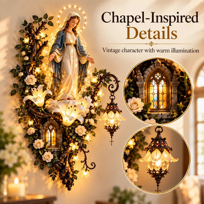 💖 Virgin Mary Divine Light – 3D Christian Wall Art with Warm Glow