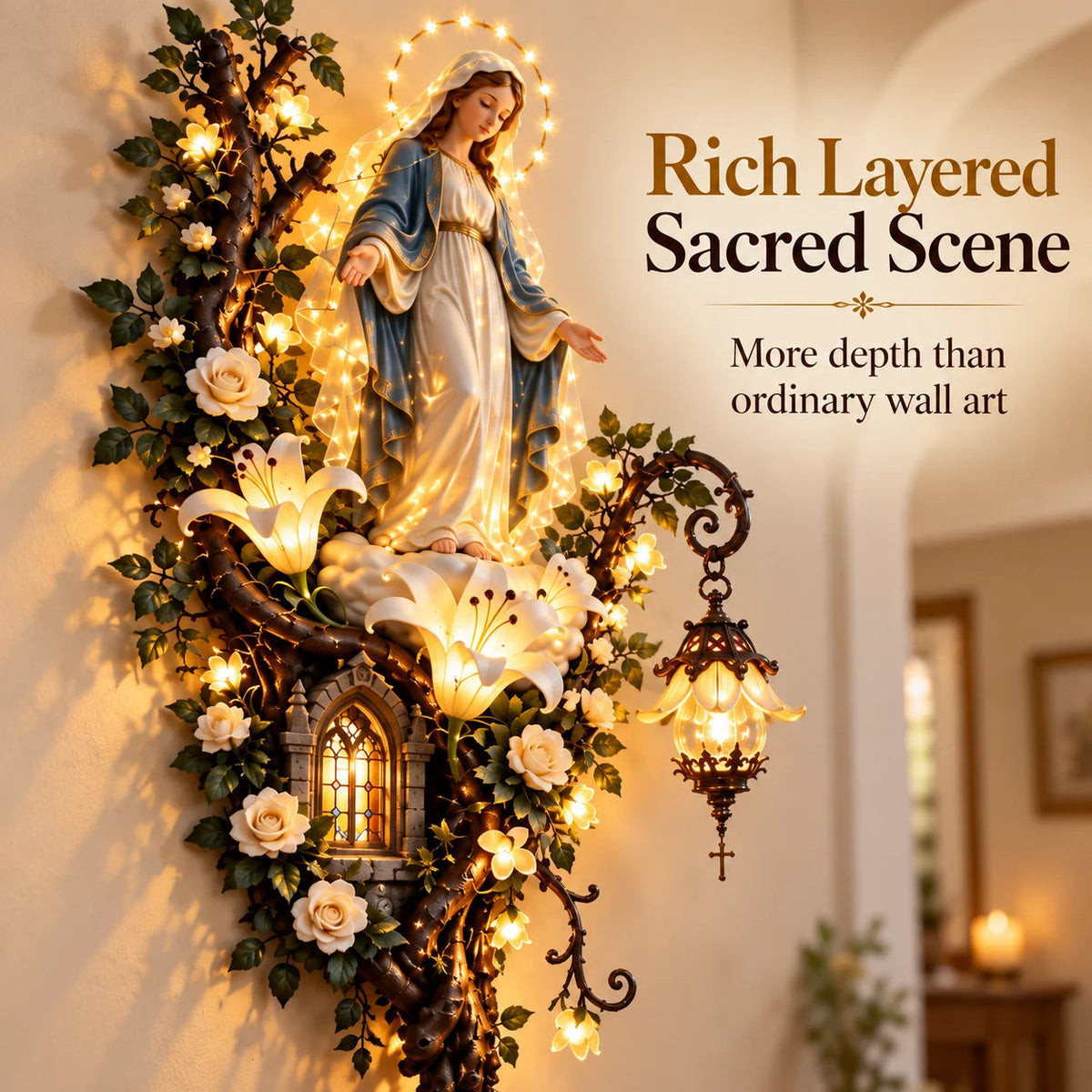 💖 Virgin Mary Divine Light – 3D Christian Wall Art with Warm Glow