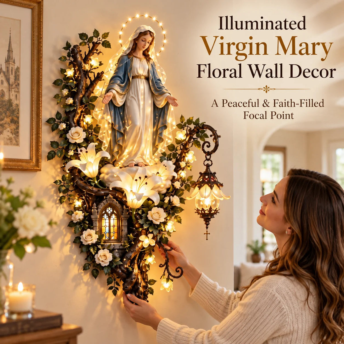 💖 Virgin Mary Divine Light – 3D Christian Wall Art with Warm Glow