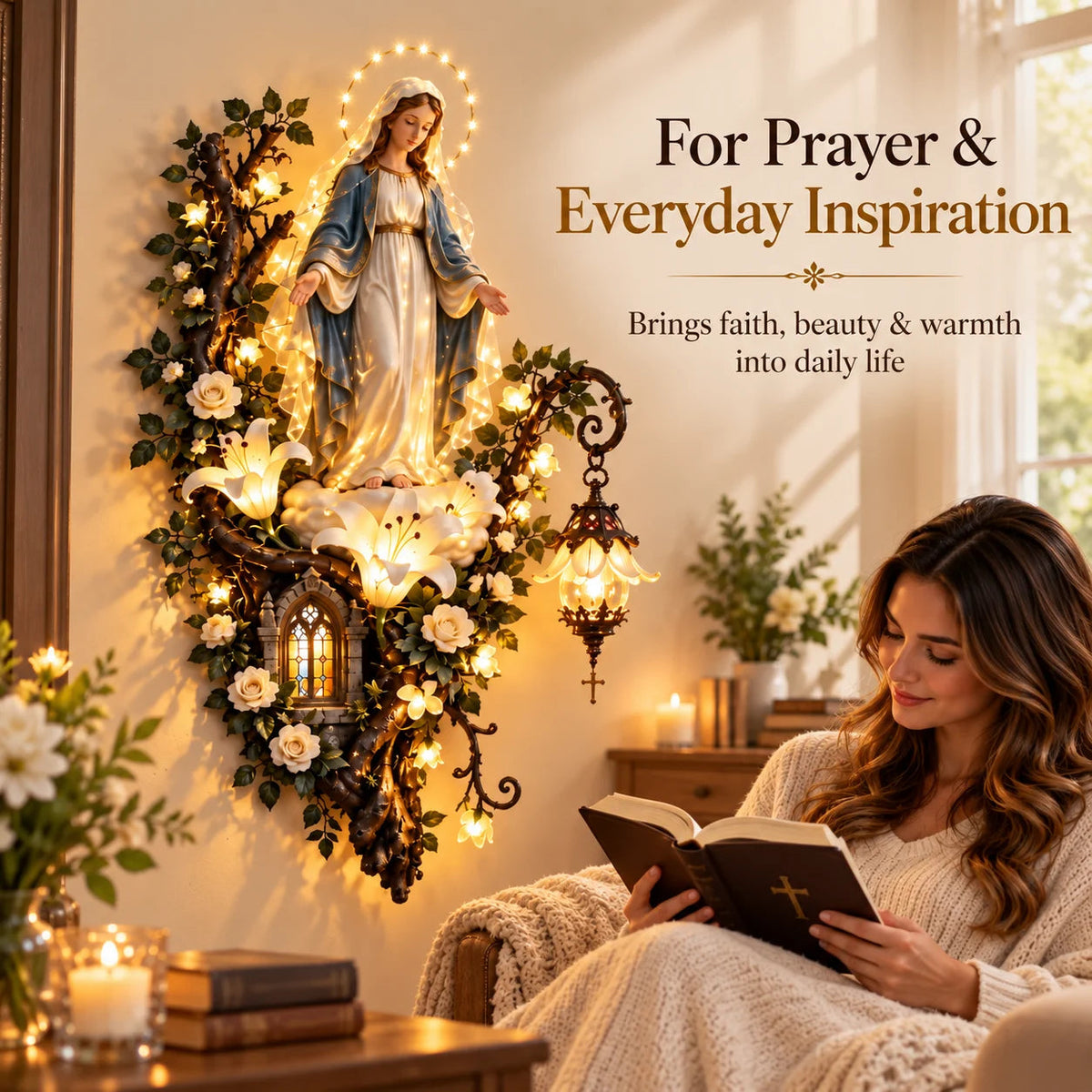 💖 Virgin Mary Divine Light – 3D Christian Wall Art with Warm Glow