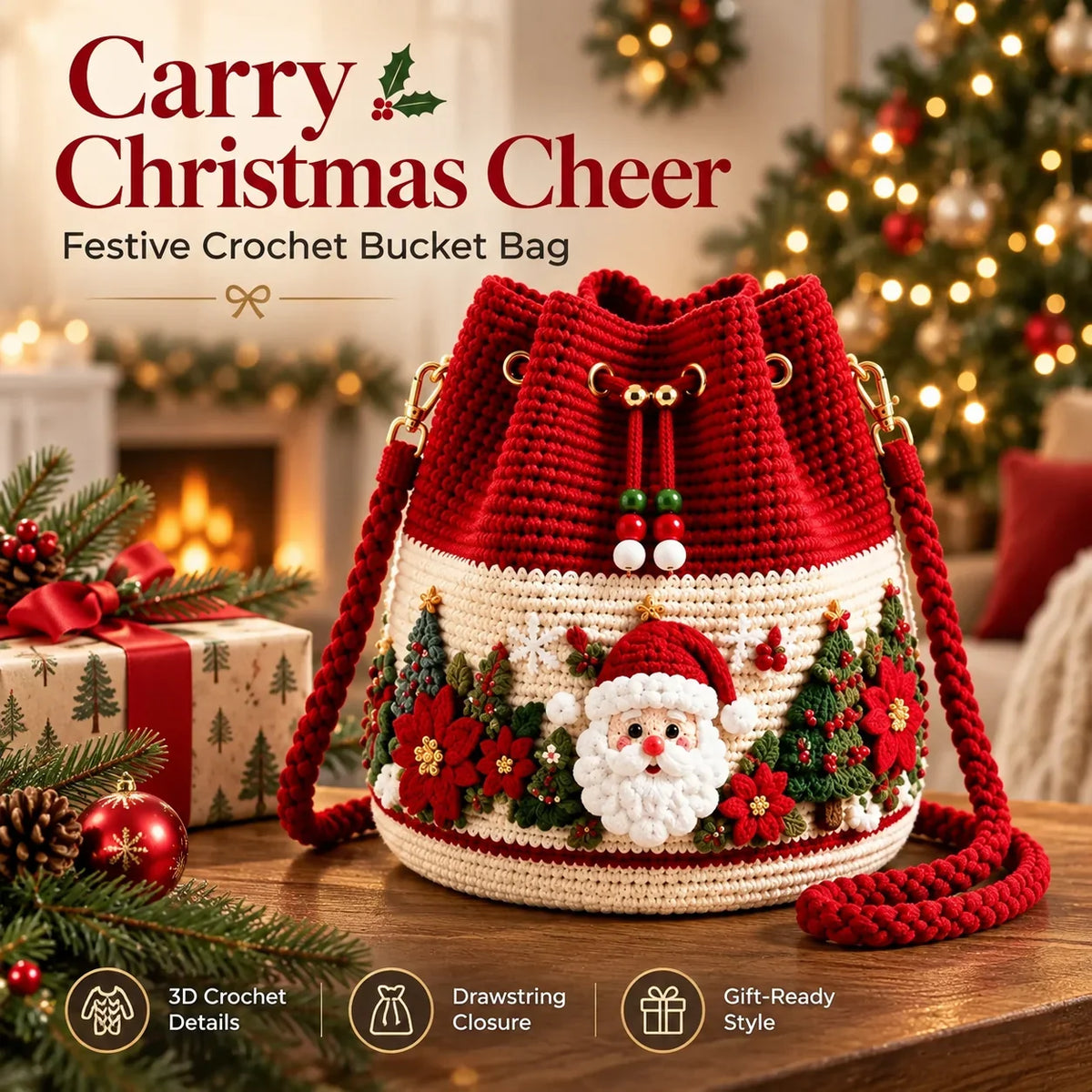 🎄Festive Crochet Bucket Bag – Carry the Magic of Christmas Wherever You Go!