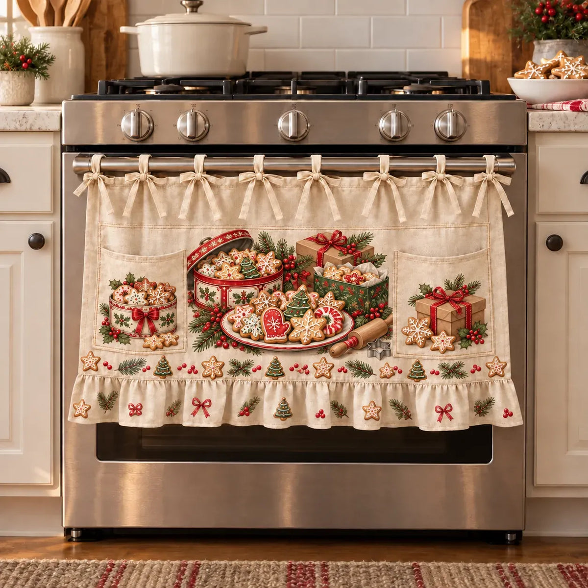 🎄 Christmas Kitchen Tie-on Skirt | Festive Holiday Designs With Pockets & Ruffled Trim ✨