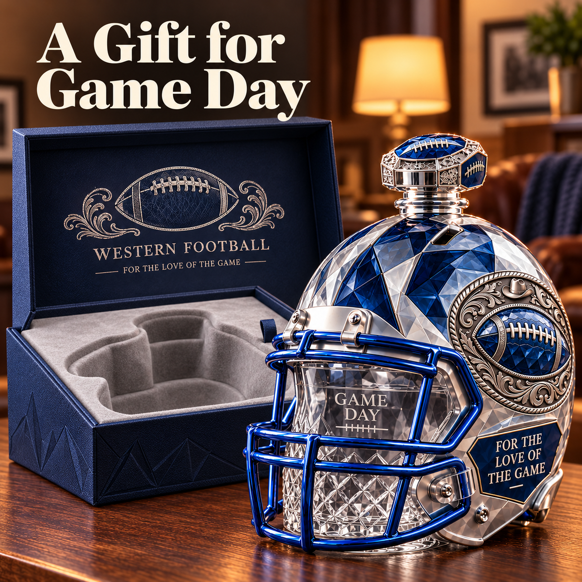 🏈💙Western Football Helmet Whiskey Decanter – 1960–2026 Silver & Blue Star Commemorative Bottle