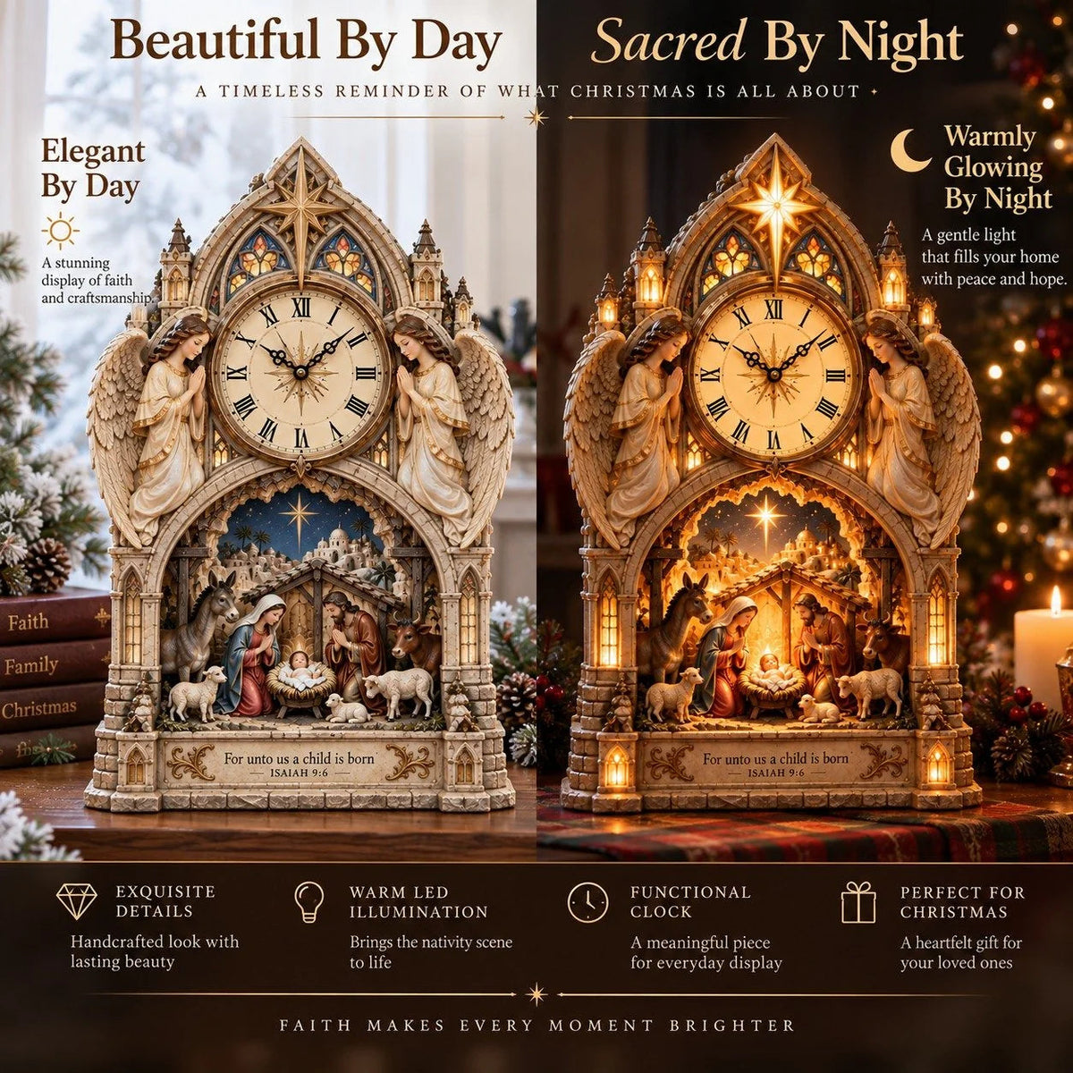 🏅Cathedral-style Bethlehem Nativity Clock – The Christmas Story Bathed In Warm Light.