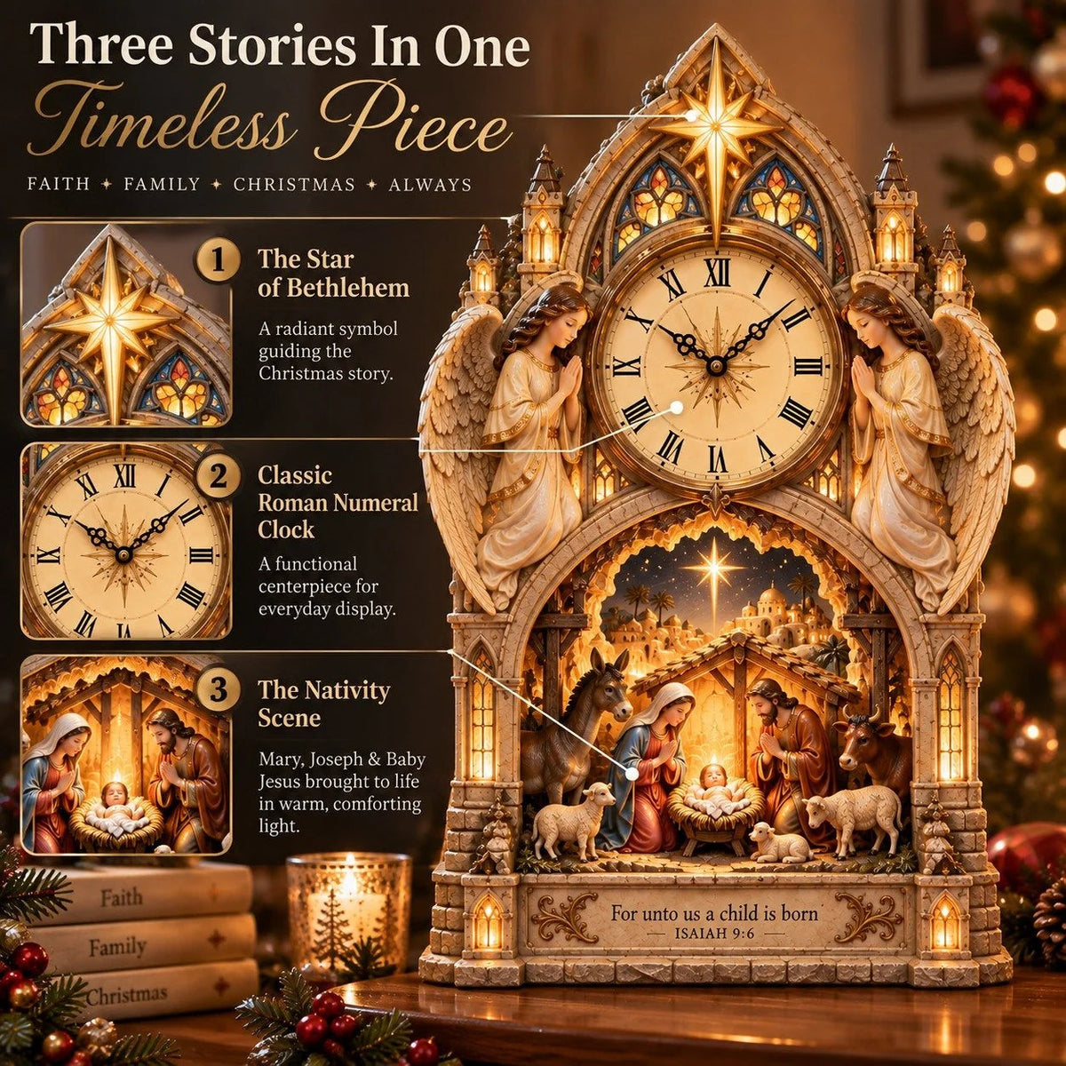 🏅Cathedral-style Bethlehem Nativity Clock – The Christmas Story Bathed In Warm Light.