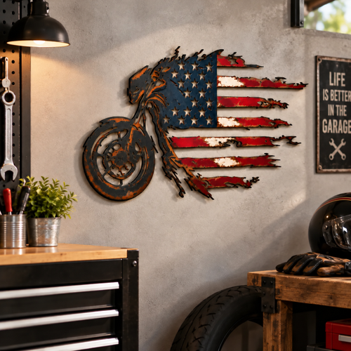 Patriotic Motorcycle American Flag Metal Wall Art