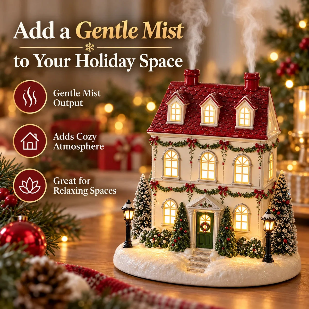 🎄 Christmas House Aroma Diffuser – Warm Light & Gentle Mist Holiday Decor