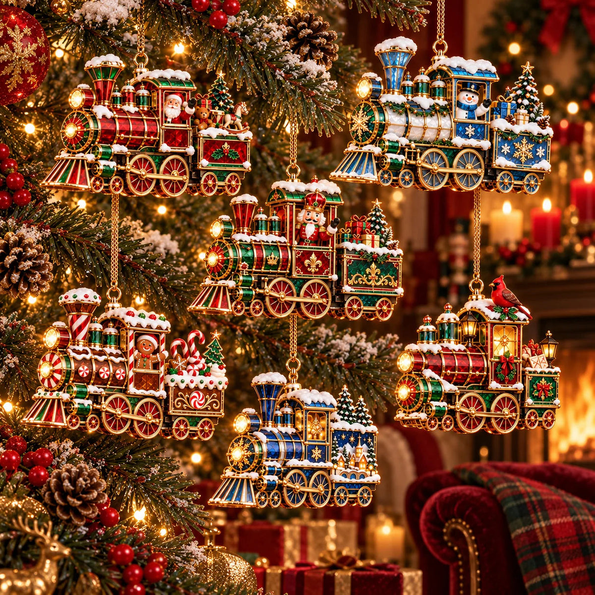 🚂🎄 Vintage Christmas Train Ornaments – 6 Charming Holiday Designs