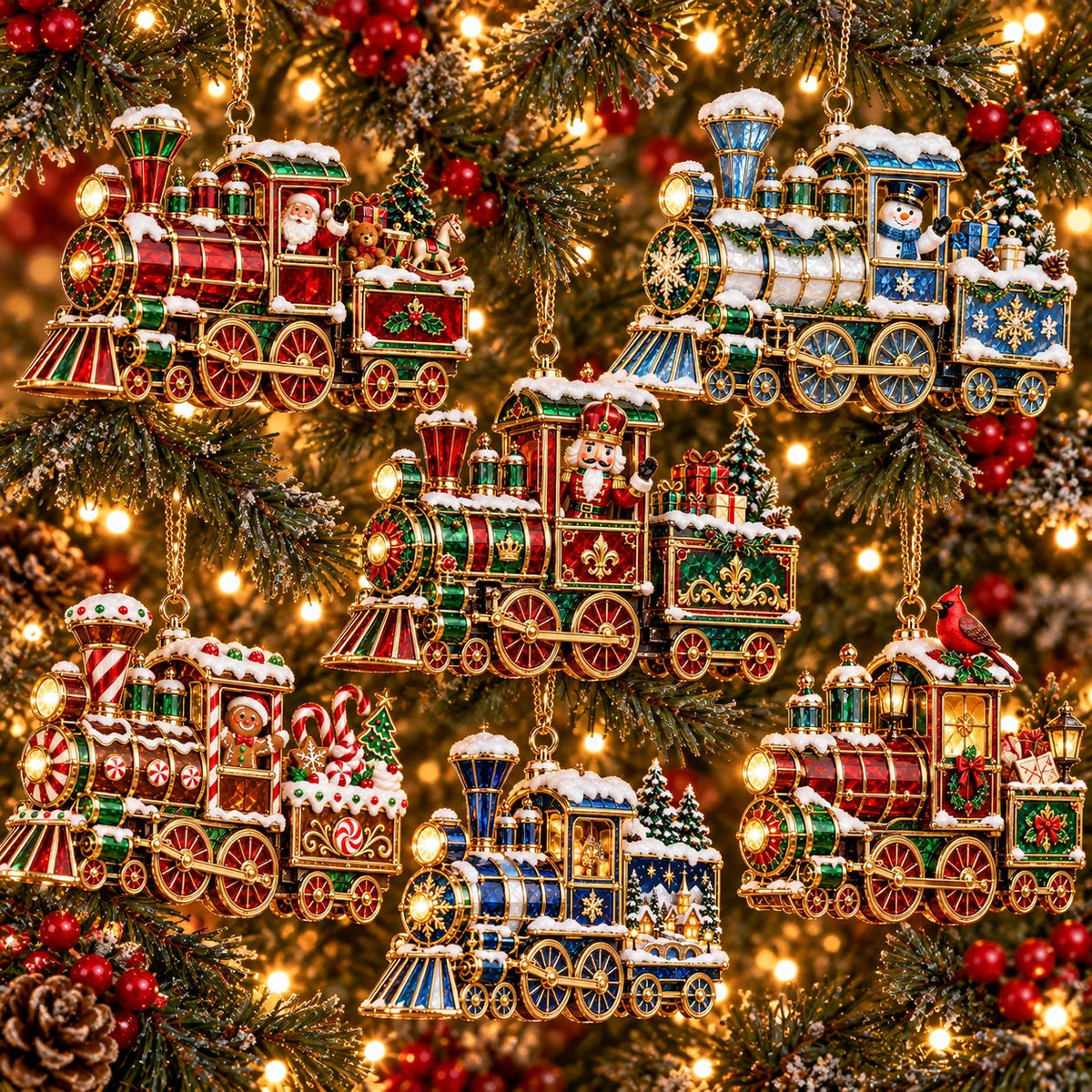 🚂🎄 Vintage Christmas Train Ornaments – 6 Charming Holiday Designs
