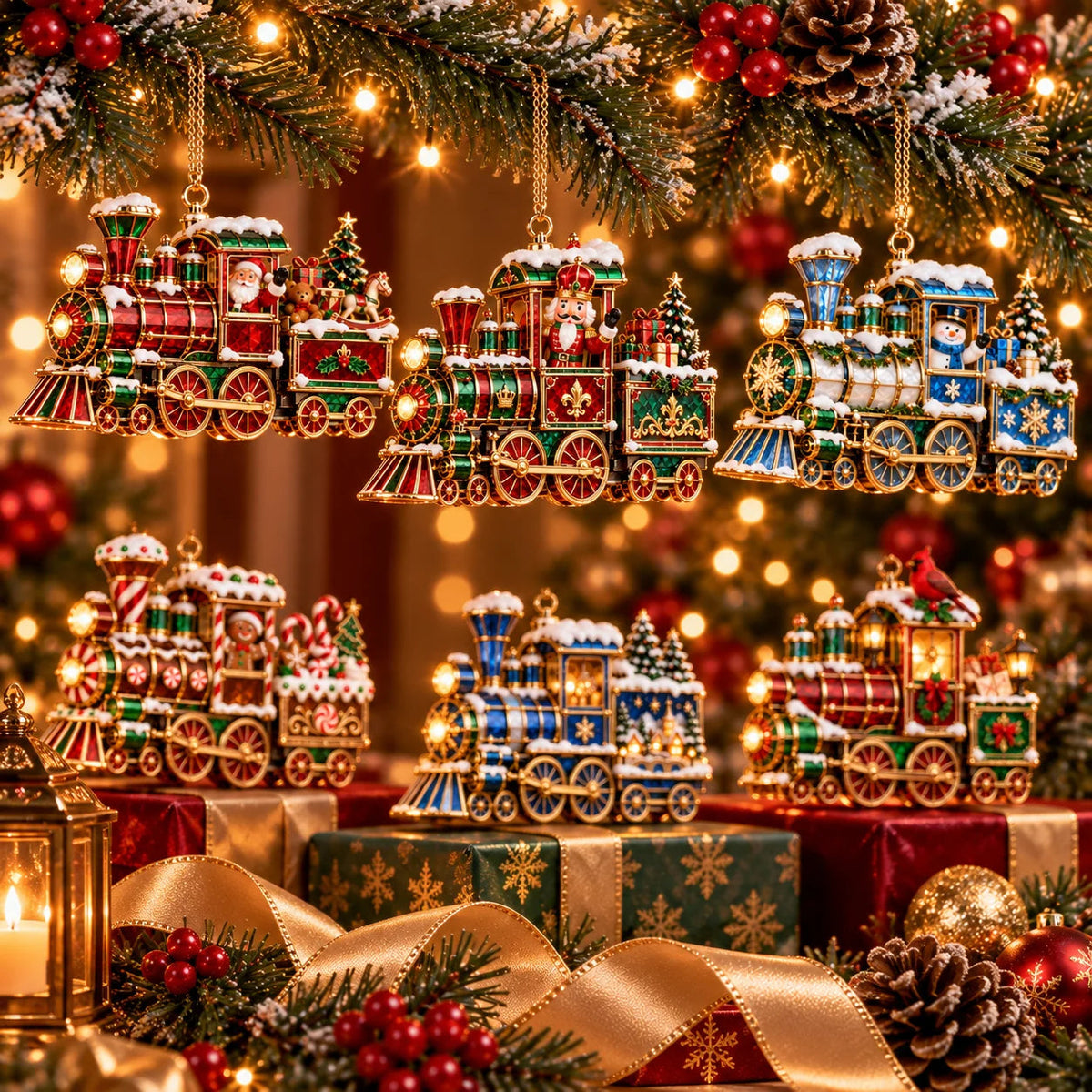 🚂🎄 Vintage Christmas Train Ornaments – 6 Charming Holiday Designs