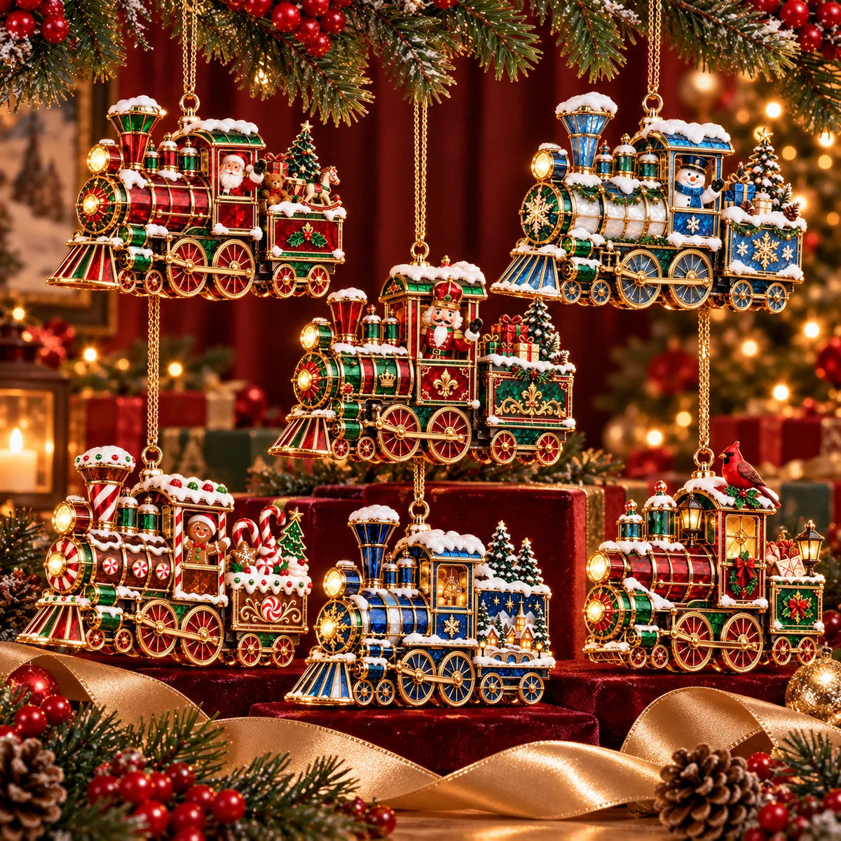 🚂🎄 Vintage Christmas Train Ornaments – 6 Charming Holiday Designs