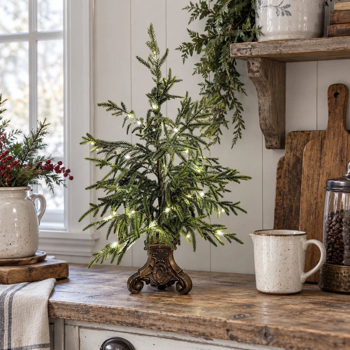 🎄✨ Pre-Lit Norfolk Pine Trees – Vintage Pedestal Christmas Decor