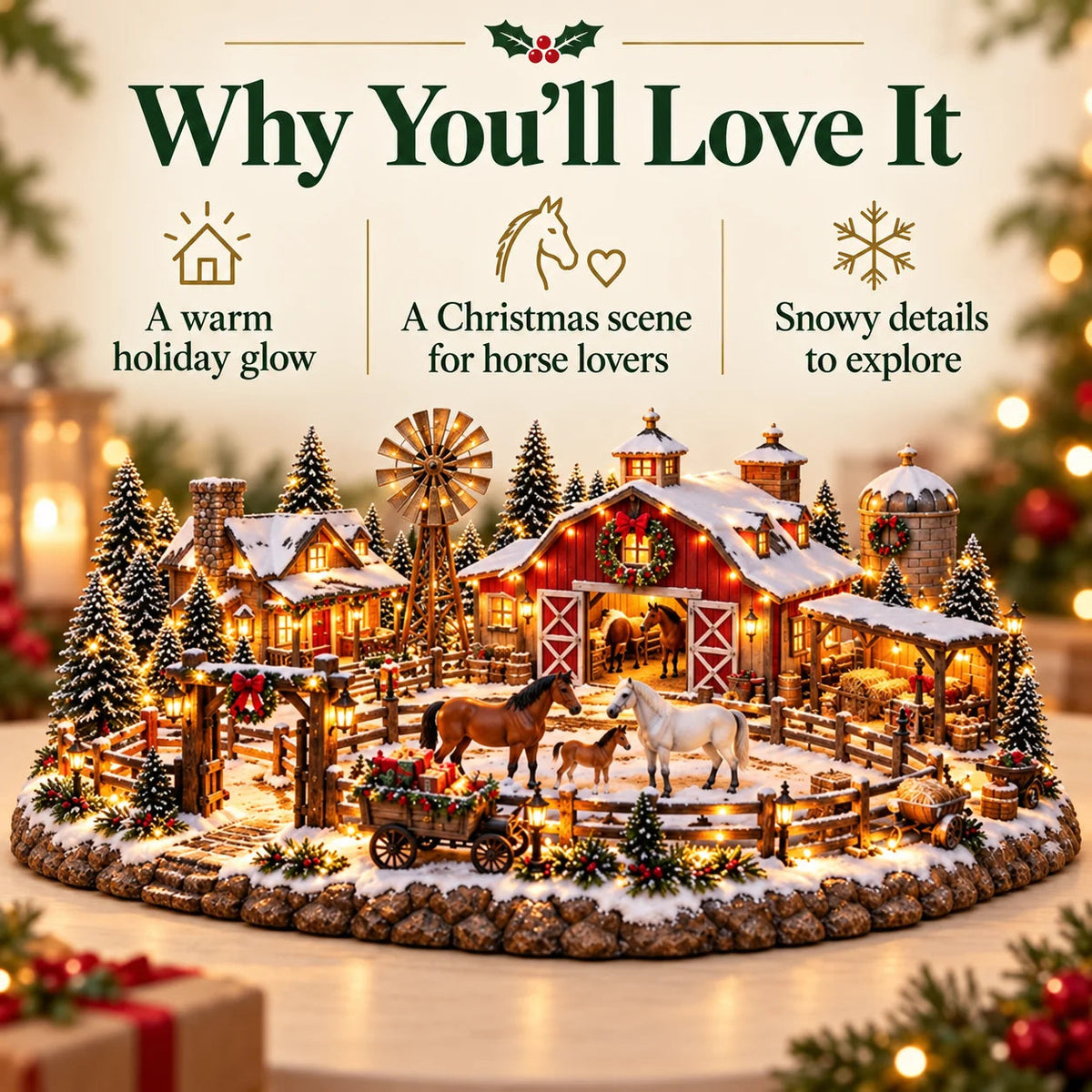 🐴🎄 Christmas Horse Stable Village – Lighted Equestrian Holiday Scene