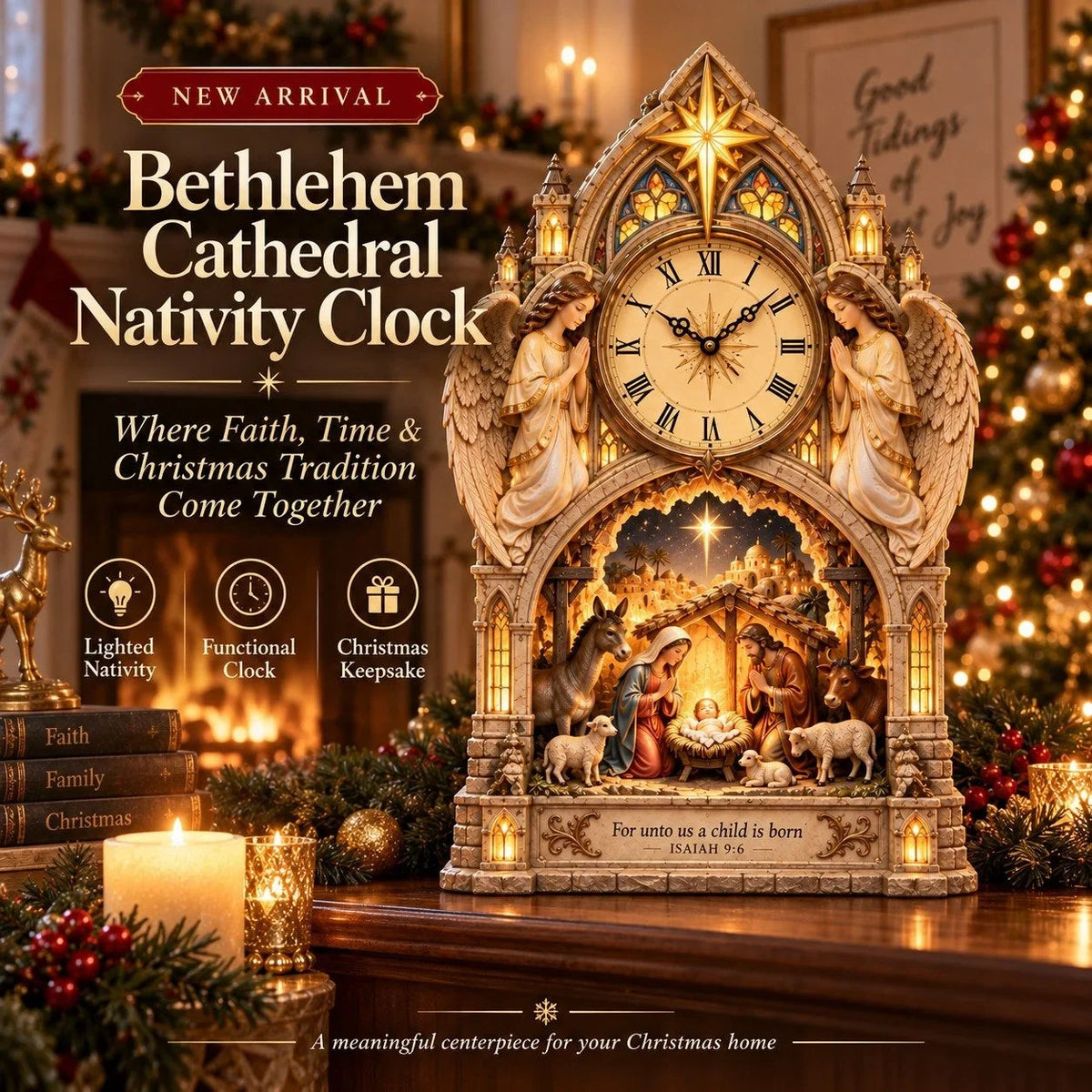 🏅Cathedral-style Bethlehem Nativity Clock – The Christmas Story Bathed In Warm Light.