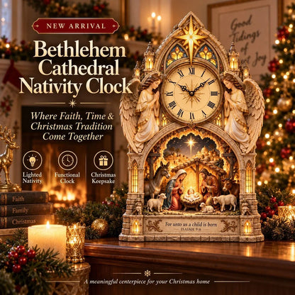 🏅Cathedral-style Bethlehem Nativity Clock – The Christmas Story Bathed In Warm Light.