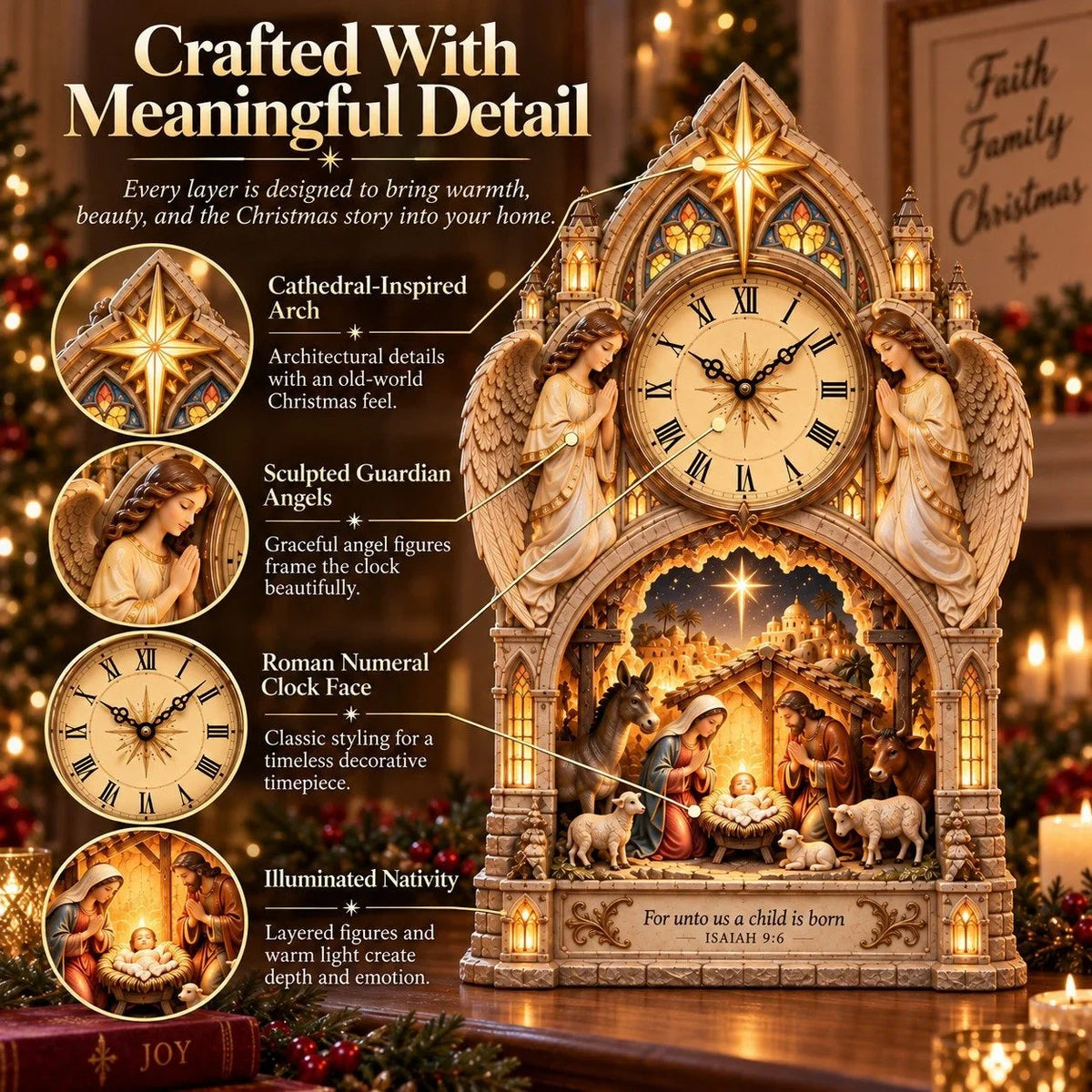 🏅Cathedral-style Bethlehem Nativity Clock – The Christmas Story Bathed In Warm Light.