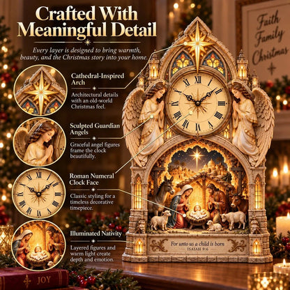 🏅Cathedral-style Bethlehem Nativity Clock – The Christmas Story Bathed In Warm Light.